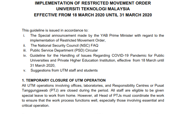 Guideline Implementation Of Restricted Movement Order Universiti Teknologi Malaysia Effective From 18 March 2020 Until 31 March 2020