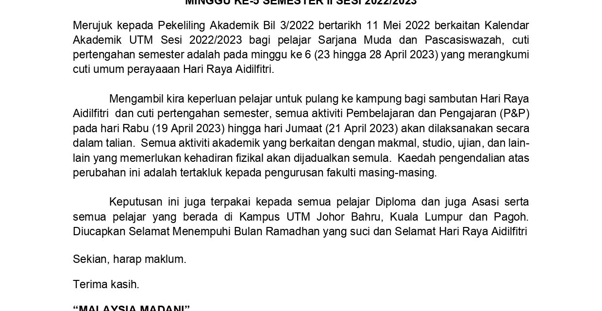 SURAT PEKELILING AKADEMIK BIL. 1/2023: PERUBAHAN KAEDAH PEMBELAJARAN DAN PENGAJARAN (P&P) BAGI  MINGGU KE-5 SEMESTER II SESI 2022/2023