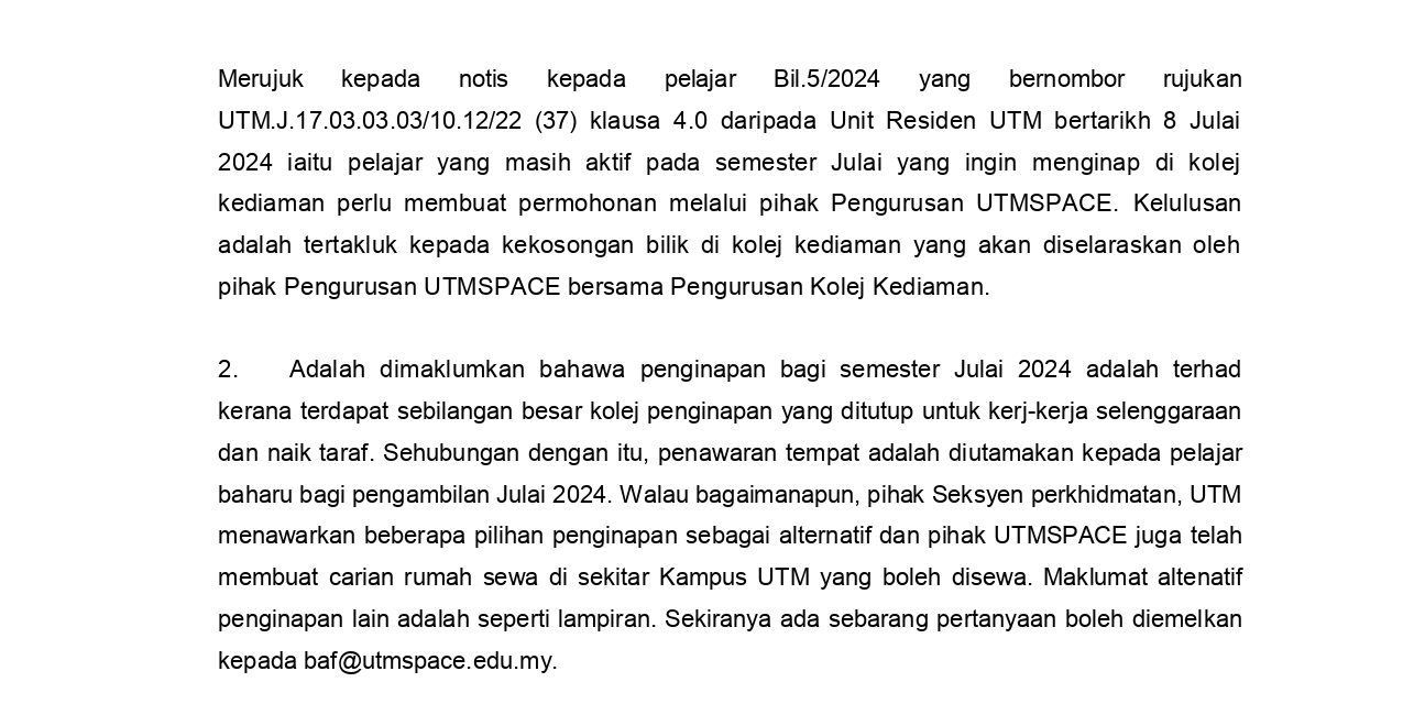 PEMAKLUMAN KETIDAKSEDIAAN PENGINAPAN  ASRAMA BAGI PELAJAR KANAN BAGI KAMPUS JB