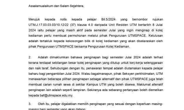 PEMAKLUMAN KETIDAKSEDIAAN PENGINAPAN  ASRAMA BAGI PELAJAR KANAN BAGI KAMPUS JB