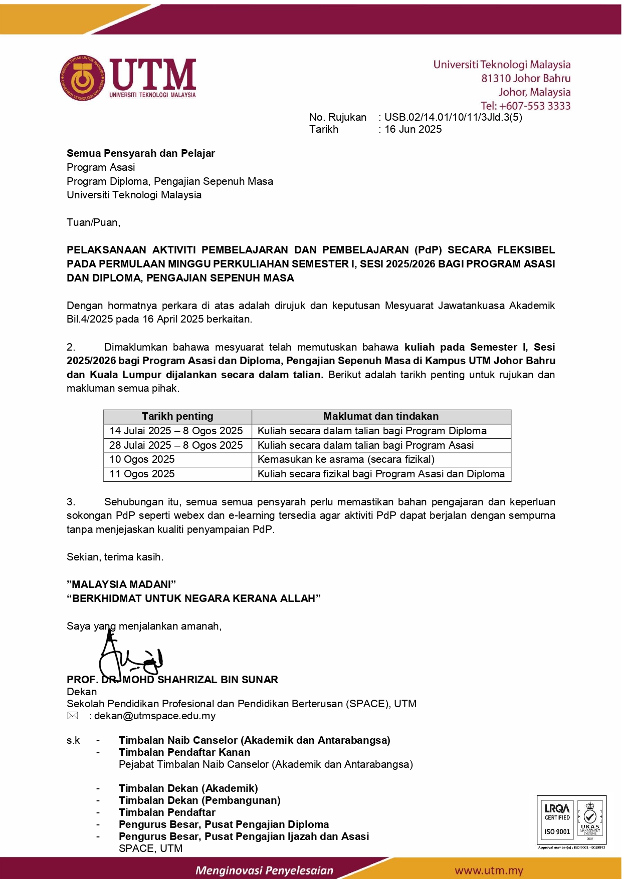 MAKLUMAN: PERLAKSANAAN MOOD PdP SECARA FLEKSIBEL SEMESTER I, 2025/2026