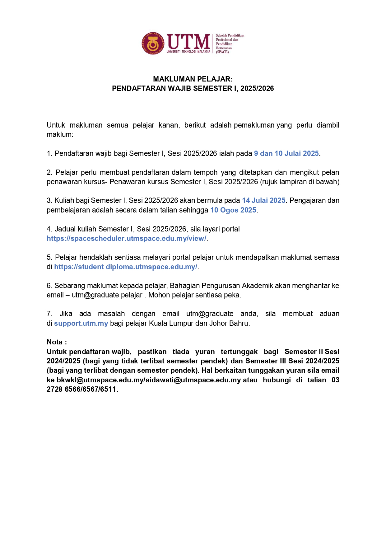 MAKLUMAN PENDAFTARAN WAJIB SEMESTER I, 205/2026