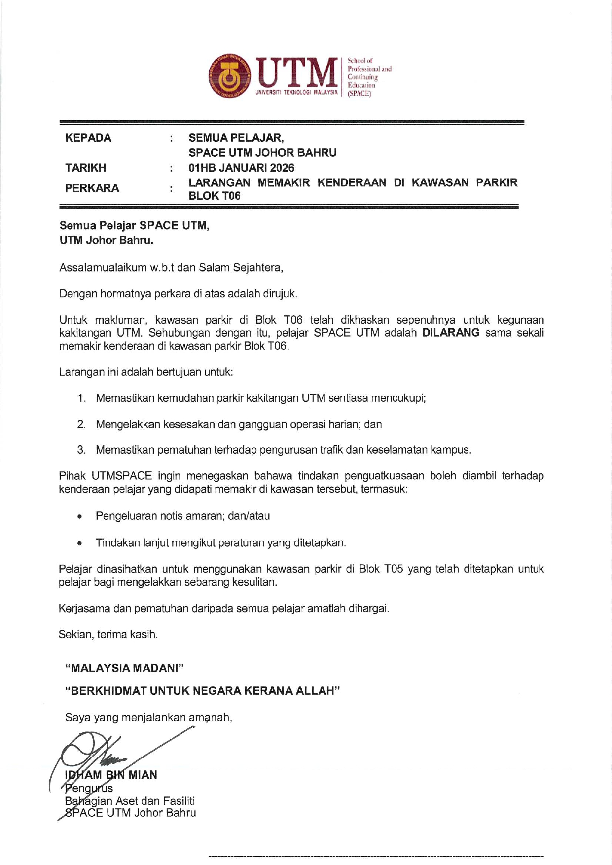 LARANGAN MEMAKIR KENDERAAN DI KAWASAN PARKIR T06