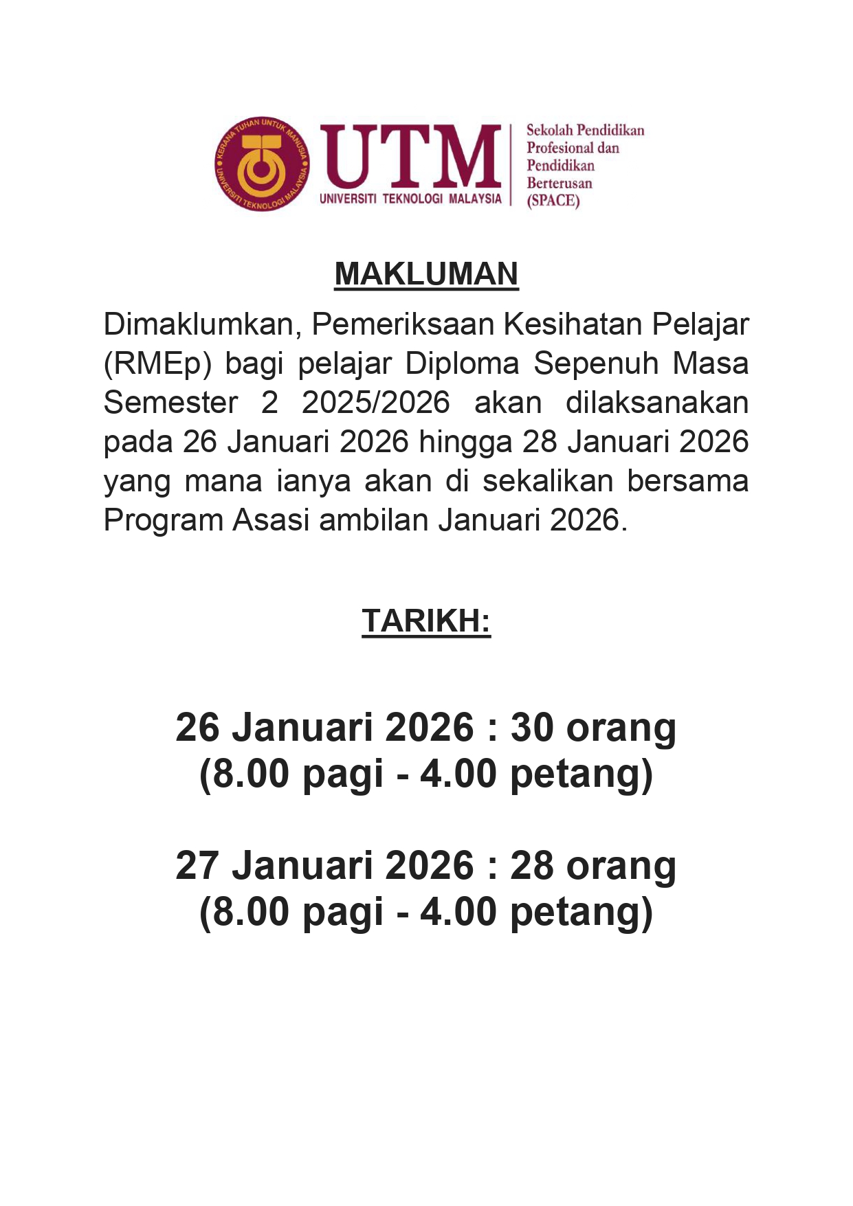 Pemeriksaan Kesihatan Pelajar bagi Ambilan Disember 2025