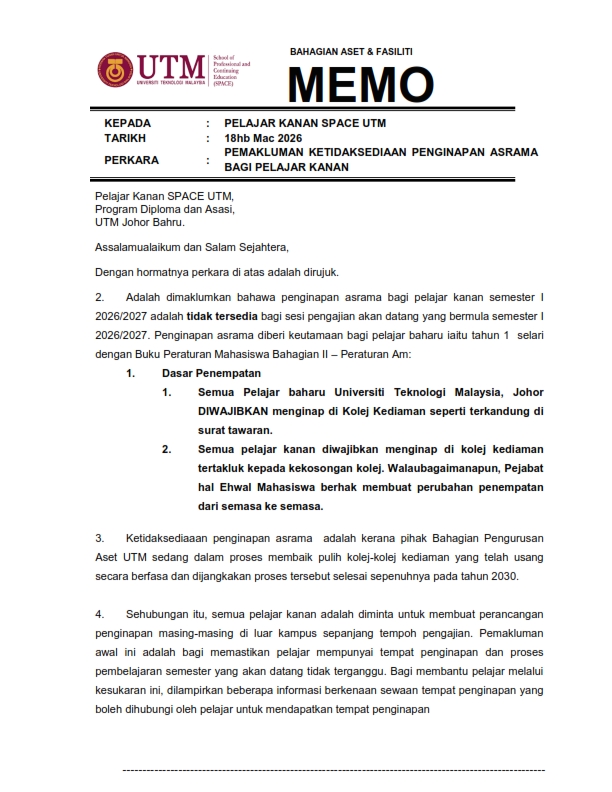 MEMO : PEMAKLUMAN KETIDAKSEDIAAN PENGINAPAN ASRAMA BAGI PELAJAR KANAN