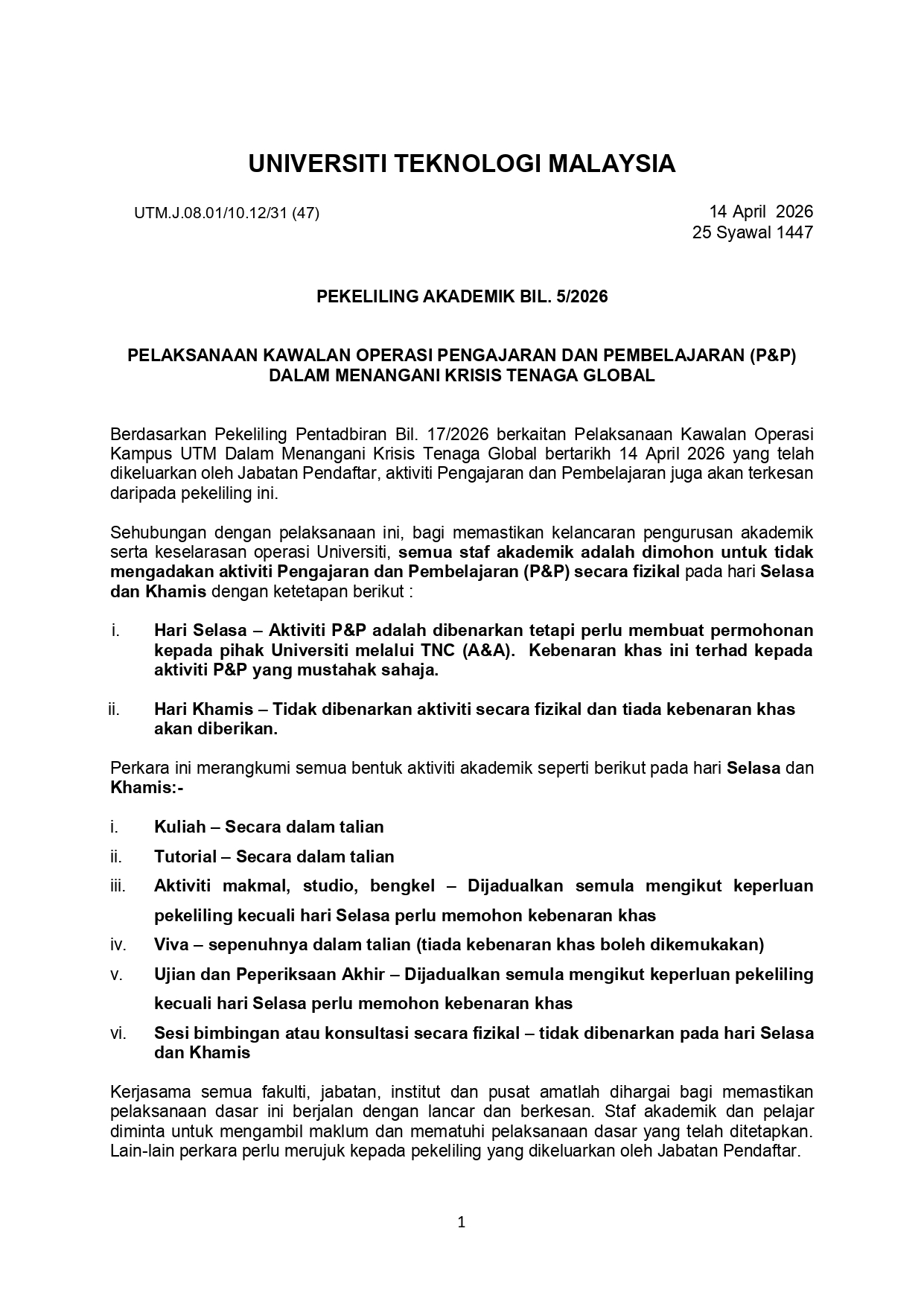 PEKELILING AKADEMIK BIL.5/2026: PELAKSANAAN KAWALAN OPERASI PENGAJARAN DAN PEMBELAJARAN (P&P) DALAM MENANGANI KRISIS TENAGA GLOBAL