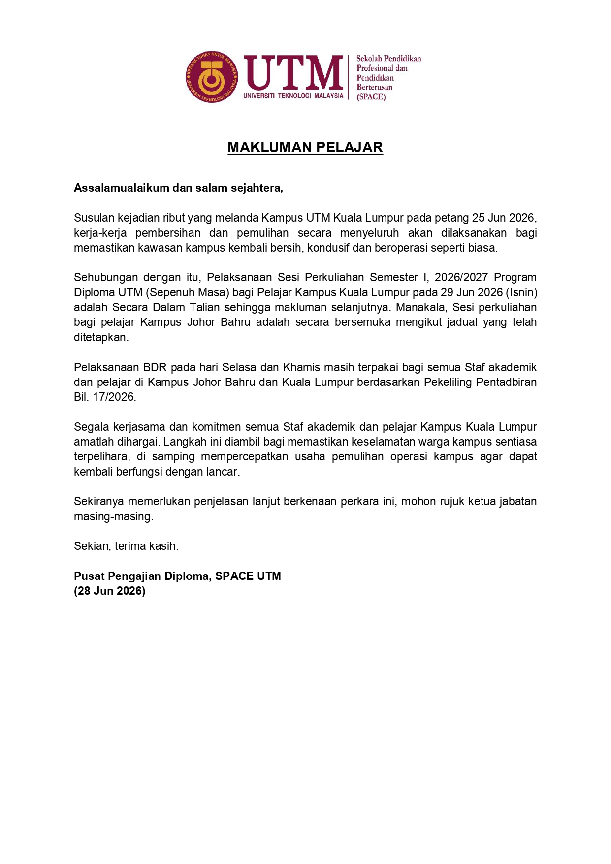 MAKLUMAN PELAJAR – 28 JUN 2026
