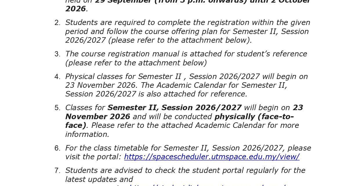 NOTICE ON COMPULSORY REGISTRATION AND IMPORTANT MATTERS FOR SEMESTER II, 2026/2027