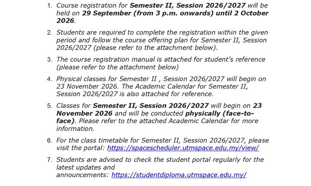 NOTICE ON COMPULSORY REGISTRATION AND IMPORTANT MATTERS FOR SEMESTER II, 2026/2027